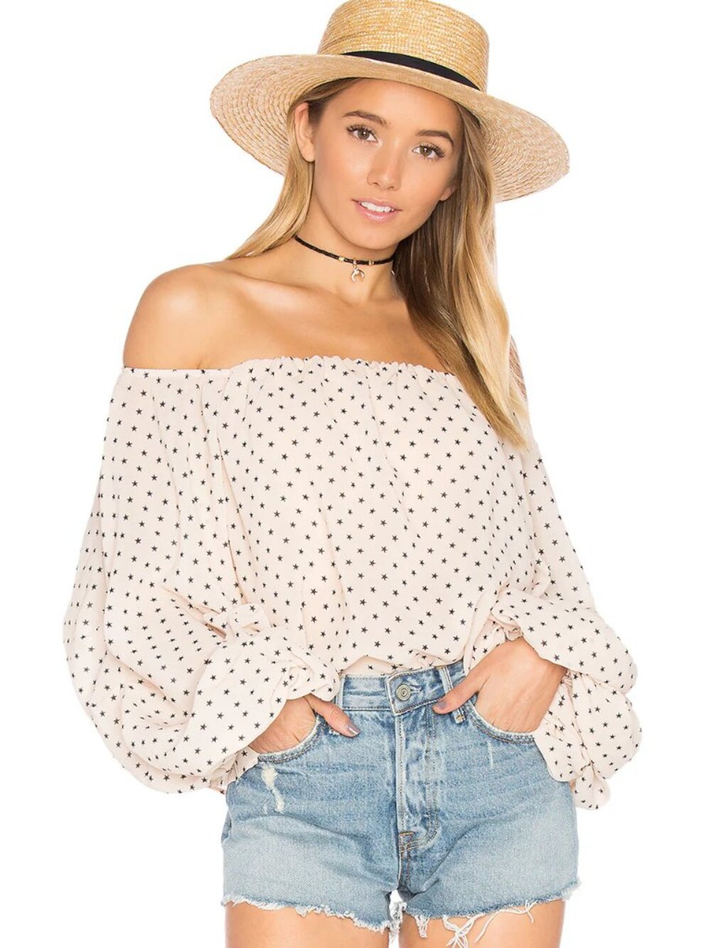 LOVERS & FRIENDS Blush Cream Star-Print Puff Sleeve Blouse Size XS